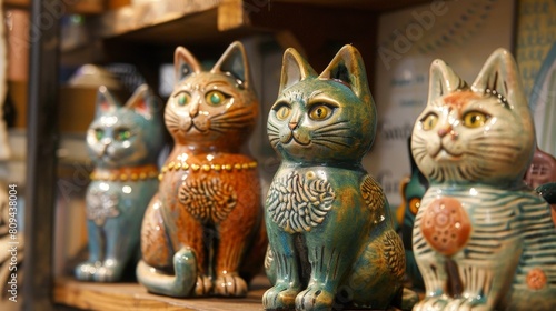 Assorted Decorative Cat Figurines on a Wooden Shelf