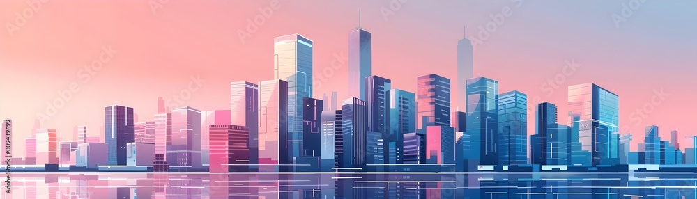 Dramatic Minimalist Skyline Cityscape with Bold Architectural Forms and Vibrant Color Accents