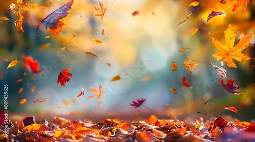 Red and orange autumn leaves background. Outdoor. Colorful backround image of fallen autumn leaves perfect for seasonal use. Space for text.