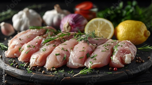 Raw Chicken Fillets Marinated with Herbs and Lemon