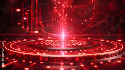 Futuristic High-Tech Device Radiating Dynamic Red Laser Beam on Intricate Circular Podium