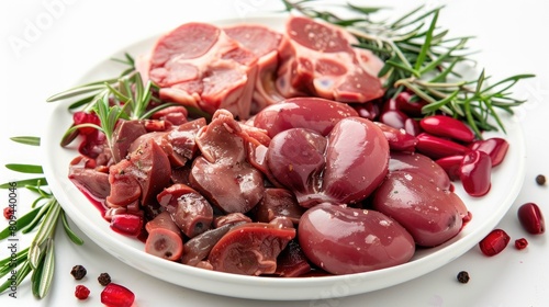 Raw pig kidneys and offal arranged on a white background