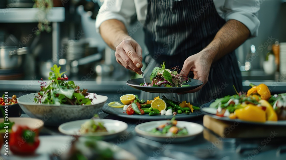 A behind-the-scenes shot of a chef plating dishes at their kitchen counter, meticulously arranging components with artistic flair to create visually stunning presentations. 