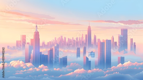 Iconic city skyline with soaring high-rises against a backdrop of clouds front view framing limited color palette with emphasis on cool tones pastel