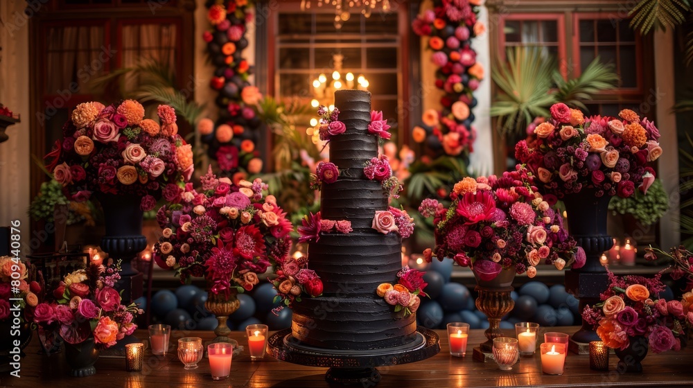 Elegant black wedding cake surrounded by flowers and candles