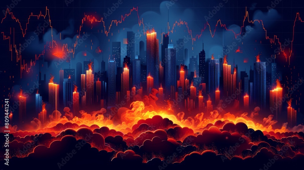 Obraz premium A digital painting of a city on fire with a glowing red and orange sky and dark clouds.