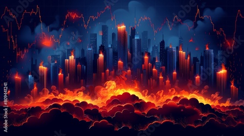 A digital painting of a city on fire with a glowing red and orange sky and dark clouds.