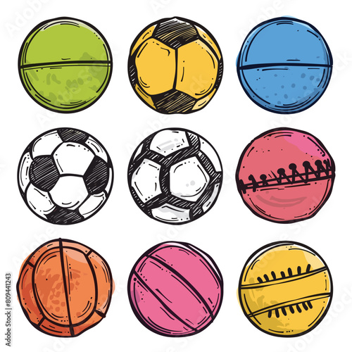 Handdrawn sports balls set includes tennis, soccer, volleyball, basketball. Colored sketches various balls team sports games. Artistic rendition equipment different athletic activities