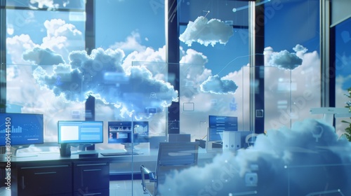 An office scene with clouds visually integrated into the workspace, symbolizing cloud computing solutions; include floating digital screens showing data syncing and storage photo