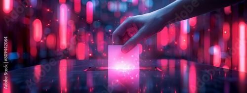 Blockchain being used for secure voting in a digital election, styled as straightforward and clean