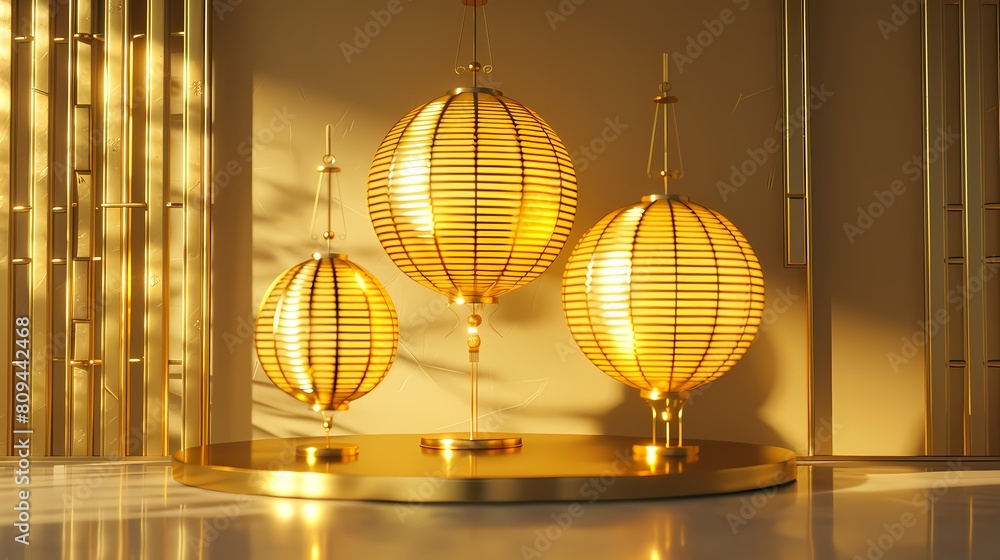 Fototapeta premium Golden three-dimensional traditional lanterns poster background