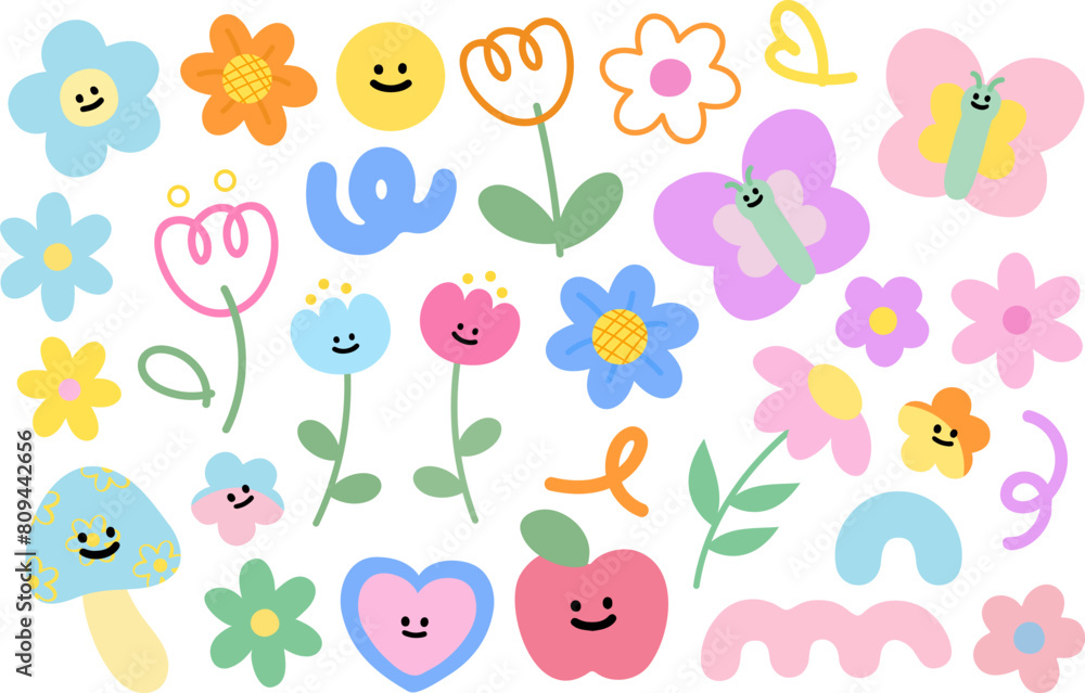 Pastel blossom illustrations such as flowers, butterfly, mushroom, apple, smiley, tulip, confetti for spring, summer, picnic, stickers, logo, icon, font, floral print, plush toy, doll, cartoon, kids Pastel blossom illustrations such as flowers, butterfly, mushroom, apple, smiley, tulip, confetti for spring, summer, picnic, stickers, logo, icon, font, floral print, plush toy, doll, cartoon, kids
