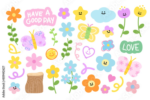 Pastel blossom illustrations such as flowers, butterfly, timber wood, smiley, heart, confetti, LOVE for spring, summer, picnic, stickers, logo, icon, font, floral print, plush toy, doll, cartoon, kids
