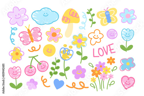 Illustration of blossom doodles such as flowers, butterfly, mushroom, cherry, smiley, tulip, heart, green leaves, LOVE letters for spring, summer, picnic, stickers, logo, icon, font, floral print, ads