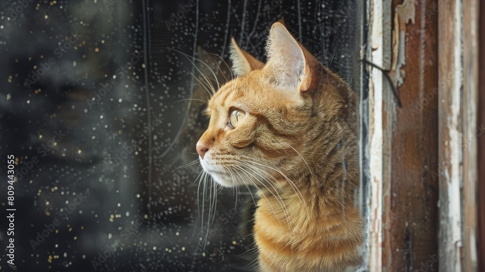 Naklejka premium Tabby cat with yellow fur gazing through a window