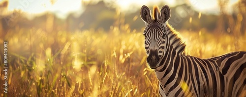 Portrait of a wild zebra looking for food in the African savanna forest