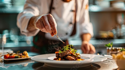 A heartwarming image of a chef plating a dish with care and attention, with a focus on creating an unforgettable dining experience that delights 