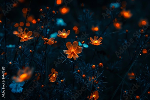 A dark field with flowers lit up by the night.