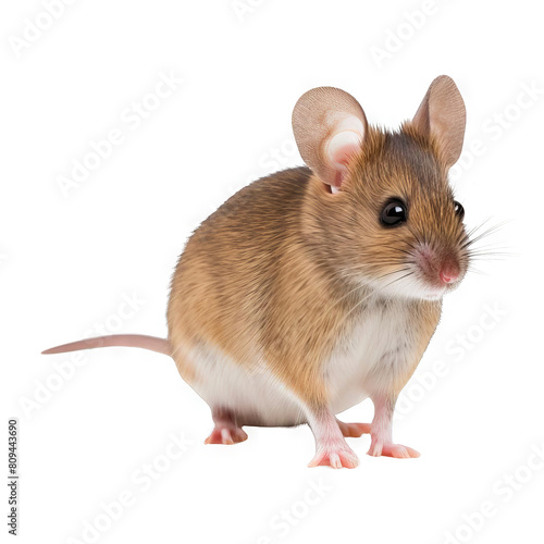 A small brown mouse is sitting on a white surface. The mouse is looking at the camera with its black eyes. Its ears are perked up and its tail is wrapped around its body.