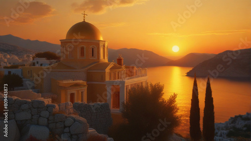 sunset in oia city photo