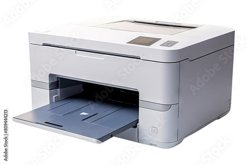 The image shows a white and gray printer with a paper tray pulled out.
