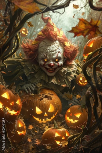 Twisted Pumpkin Patch  Creepy Clown and Jack-o-lanterns