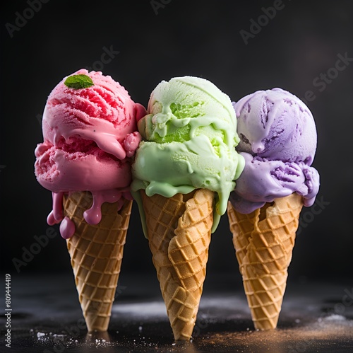 Various gelato ice cream flavours scoops in waffle cones, cinematic food dessert photography	