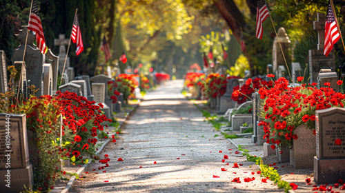 A long winding path through a military cemetery flanked by tombstones with red poppies and American flags on either side captured on Memorial Day. photo