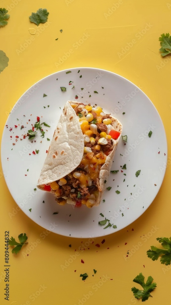 Delicious American burrito with tortilla on white plate story background Delicious American burrito with tortilla on white plate story background