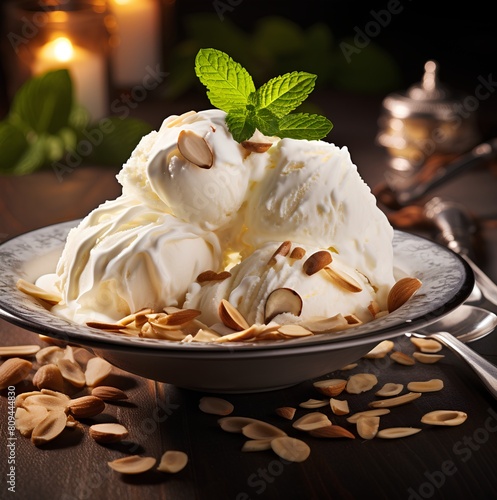 Creamy delight, delicious vanilla ice cream in waffle cone and cup with topping, cinematic food photography