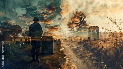 A poignant scene of a veteran visiting a grave with the background melting into a surreal landscape of memories and scenes from military life blending reality with thoughts. photo