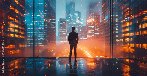 A man in a suit is looking out over a city at the sunset by AI generated image