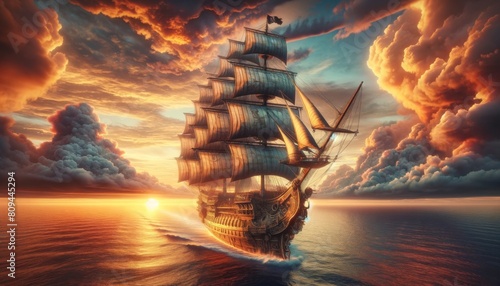 Ancient pirate sailboat sailing in the ocean at sunset. photo