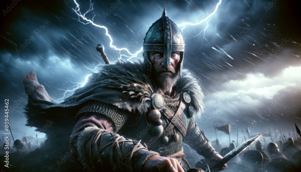 Fototapeta premium Close-up of a Viking warrior in battle, under a stormy sky, capturing the intensity and detail of the moment.