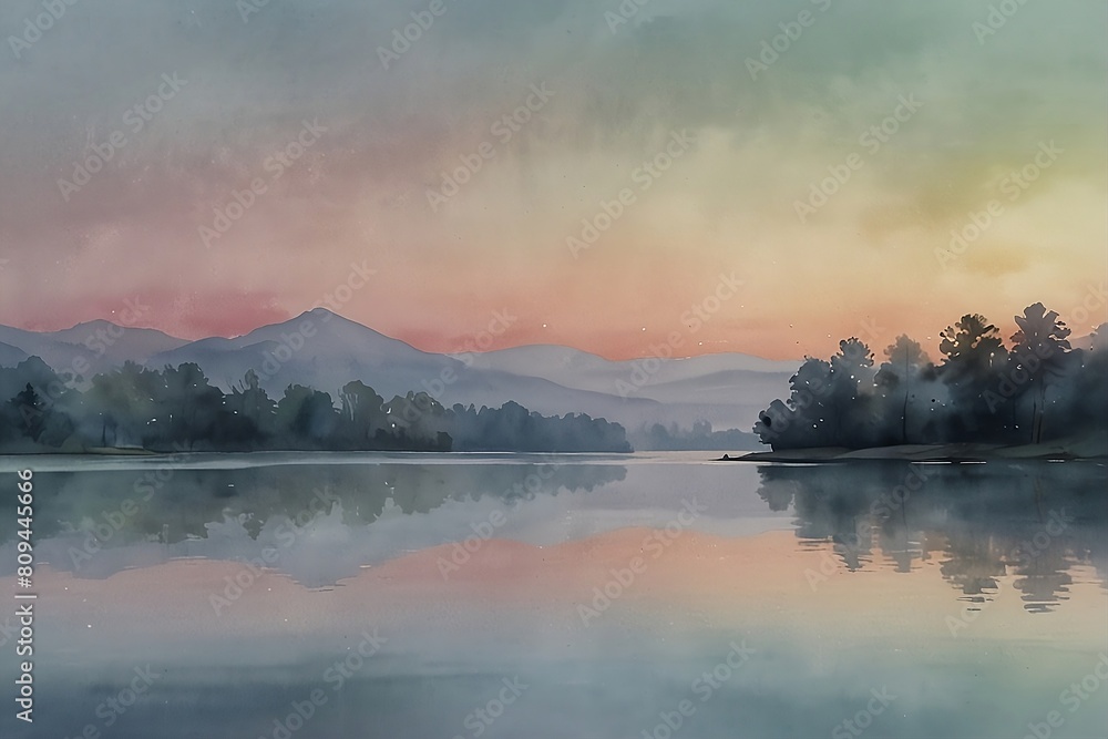 Watercolor Sunset Lake Watercolor Sunset Lake