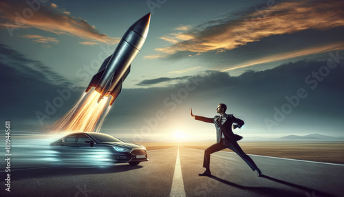 A businessman, heroically positioned in a dynamic pose, using both hands to block a car-sized rocket photo