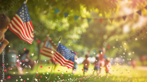 A whimsical scene of children running with mini American flags that leave a trail of stars and stripes in the air turning an ordinary park into a magical Memorial Day celebration. photo
