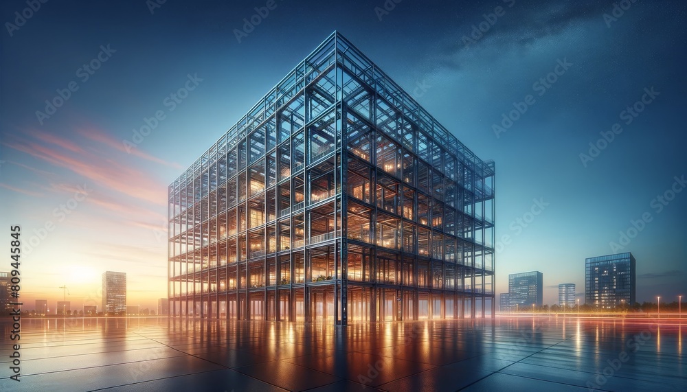 Office building under construction at twilight