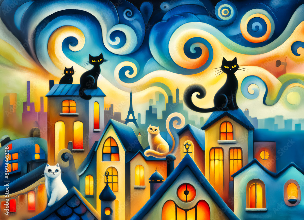 Whimsical, abstract, childlike, painterly fantasy art, oil painting of cats They are perched on the rooftops of different houses. T