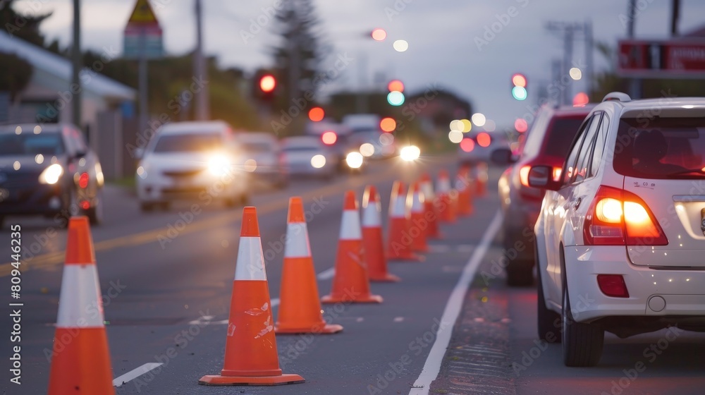 Twilight Traffic and Safety Cones on Road Twilight Traffic and Safety Cones on Road