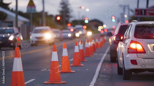 Twilight Traffic and Safety Cones on Road