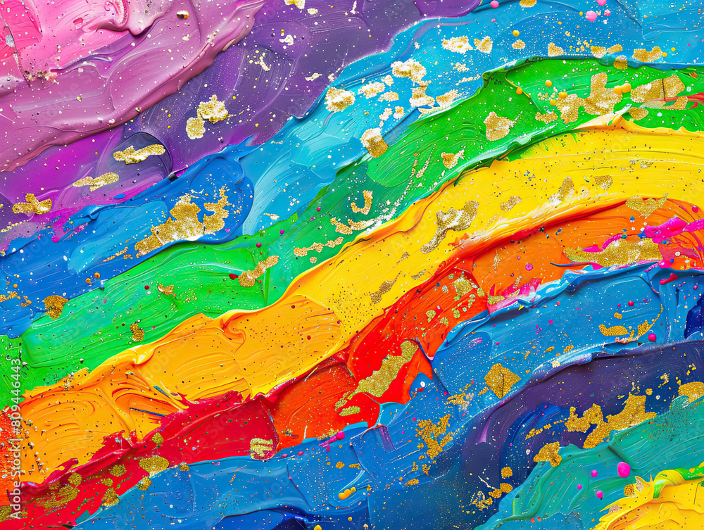 Abstract colorful background. Thick oil painted rainbow, flecked with metaillic gold