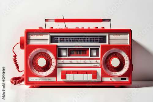 Classic old red radio cassette tape recorder on white table and white wall background. Retro style