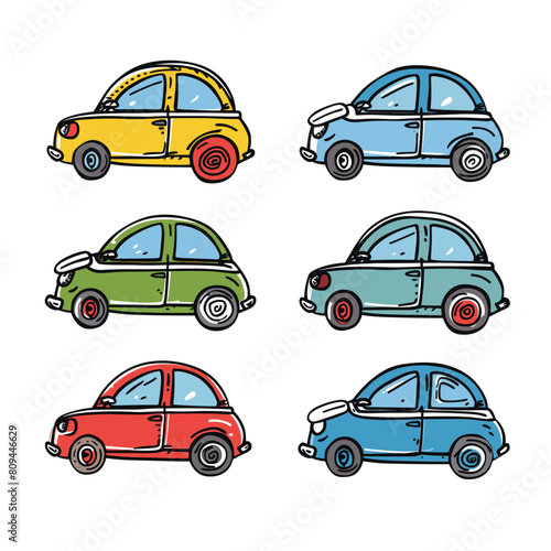 Six colorful cartoonish cars, unique color combination design, vintage compact vehicle. Retro vehicle cartoon illustration, collection small hatchback cars varied hues, isolated. Classic economy