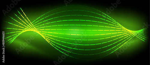 A symmetrical pattern of green and yellow circles, resembling terrestrial plant cells, glows in electric blue neon lighting against a black background, creating a mesmerizing visual effect