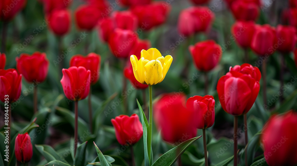 One yellow tulip between red tulips grounp. The diversity concept.