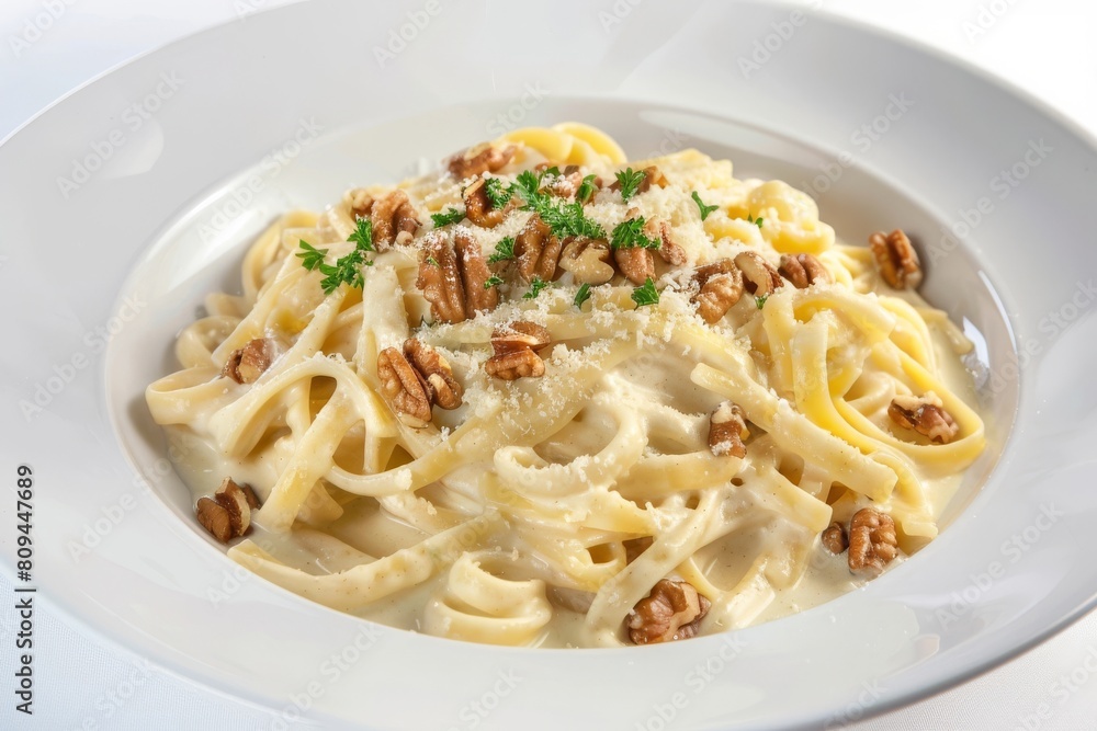 Rich and Flavorful Alfredo Linguine with Parmesan Creamy Sauce and Nuts Rich and Flavorful Alfredo Linguine with Parmesan Creamy Sauce and Nuts