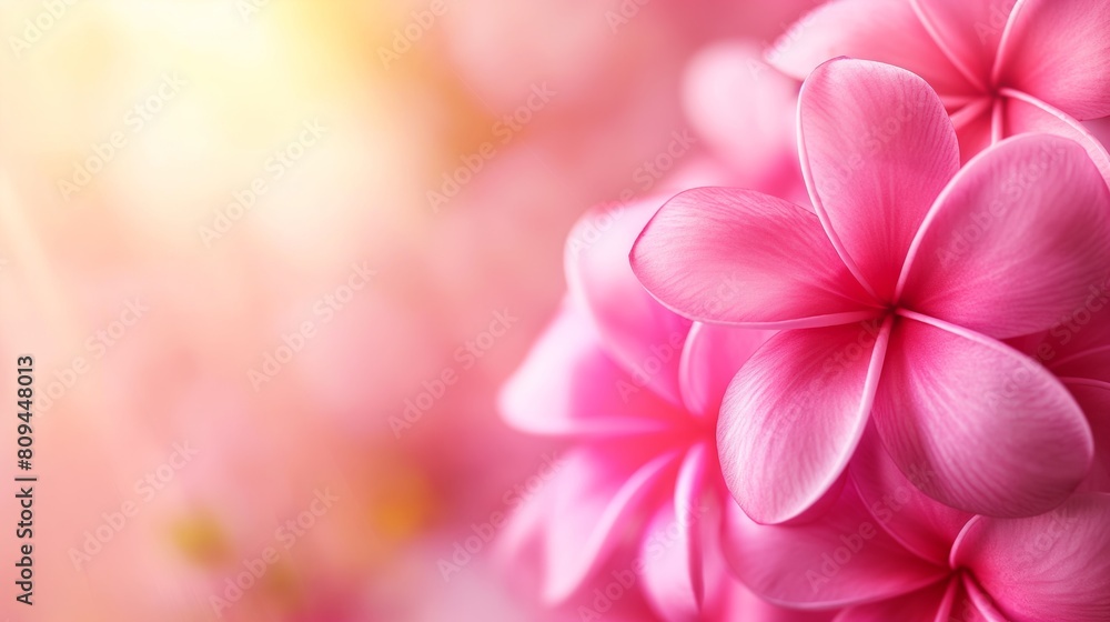 Close-up of pink plumeria flowers in full bloom against a soft pastel background. Close-up of pink plumeria flowers in full bloom against a soft pastel background.