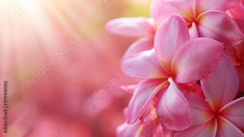 Close-up of pink plumeria flowers in full bloom against a soft pastel background.