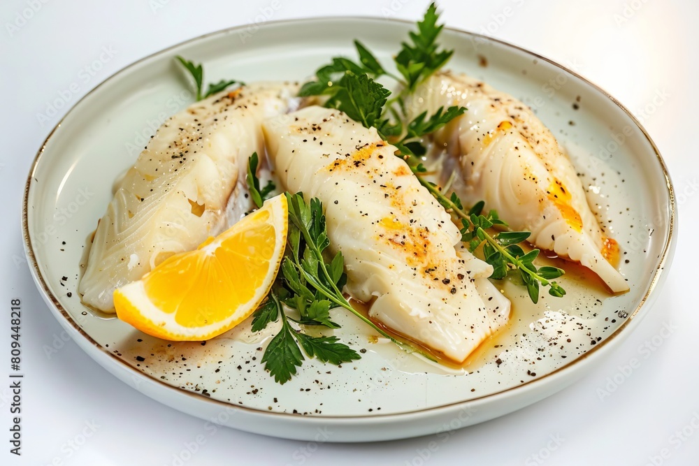 Ale Poached Halibut with Fresh Herb Plating and Lemon Ale Poached Halibut with Fresh Herb Plating and Lemon